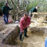 Professor Mark Horton digging a trench!!  In background, CAS Members, David Thatch and Liz Stokes.